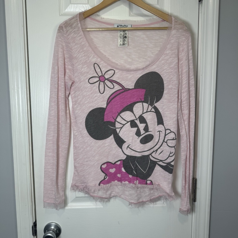 Disney Parks Sweater Woman Sm‎ Minnie Mouse Pink Burnout Thin Fringe Long Sleeve